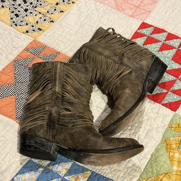 Matisse Distressed Layered Leather Fringe Festival Cowboy Booties - Picture 3 of 12